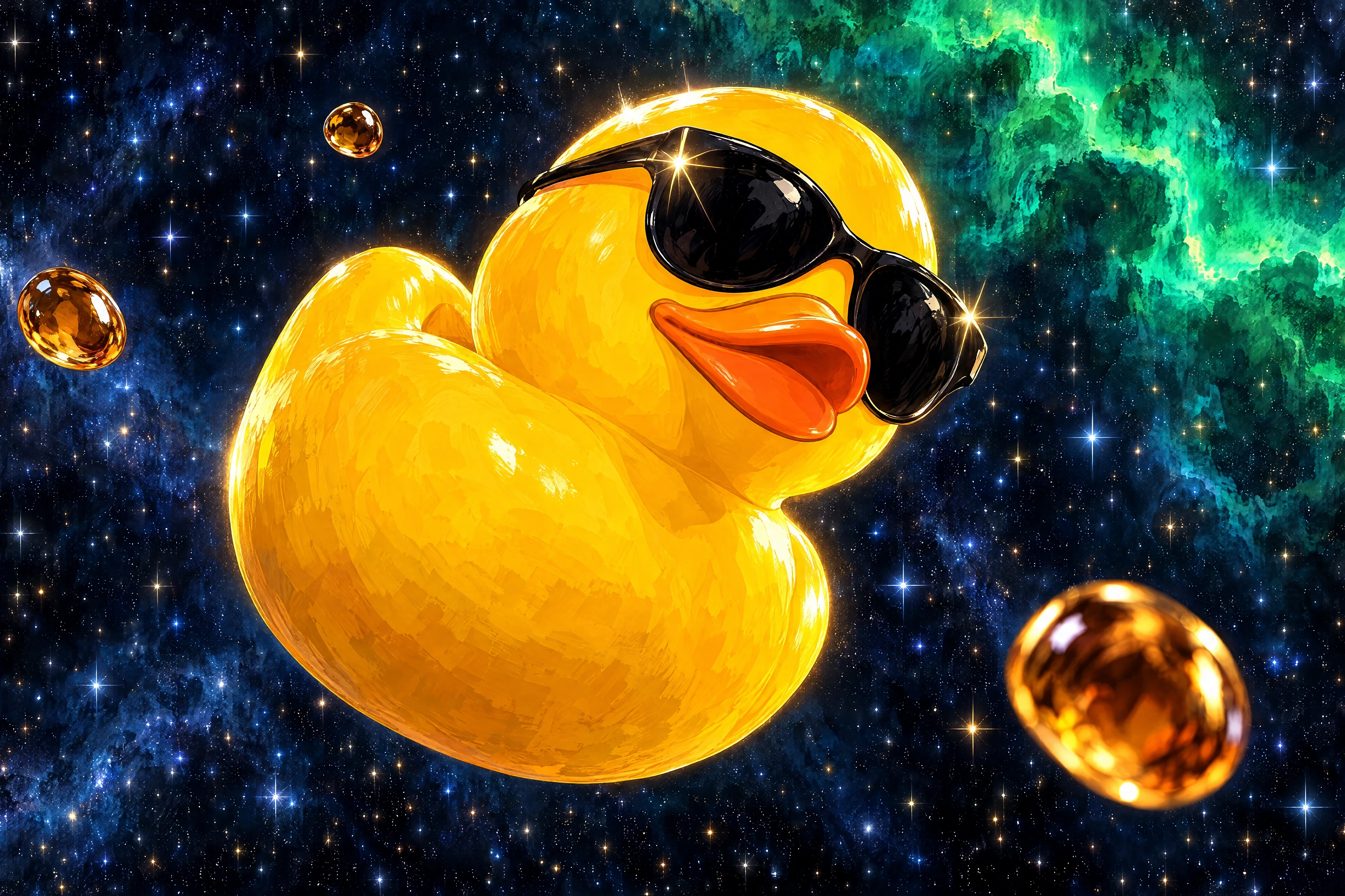 A fictional golden duck wearing sunglasses against a cosmic background